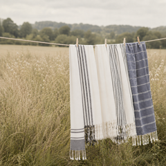 three towels on a clothesline in the countryside