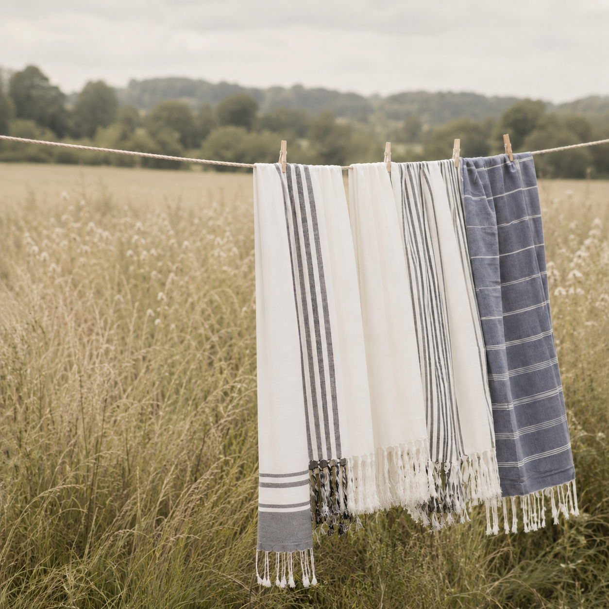 three towels on a clothesline in the countryside