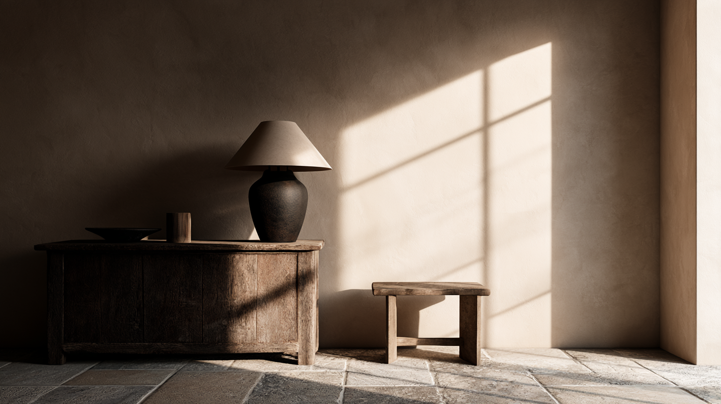 Room with wooden table, lamp, and stool under a large window allowing soft light to enter.
