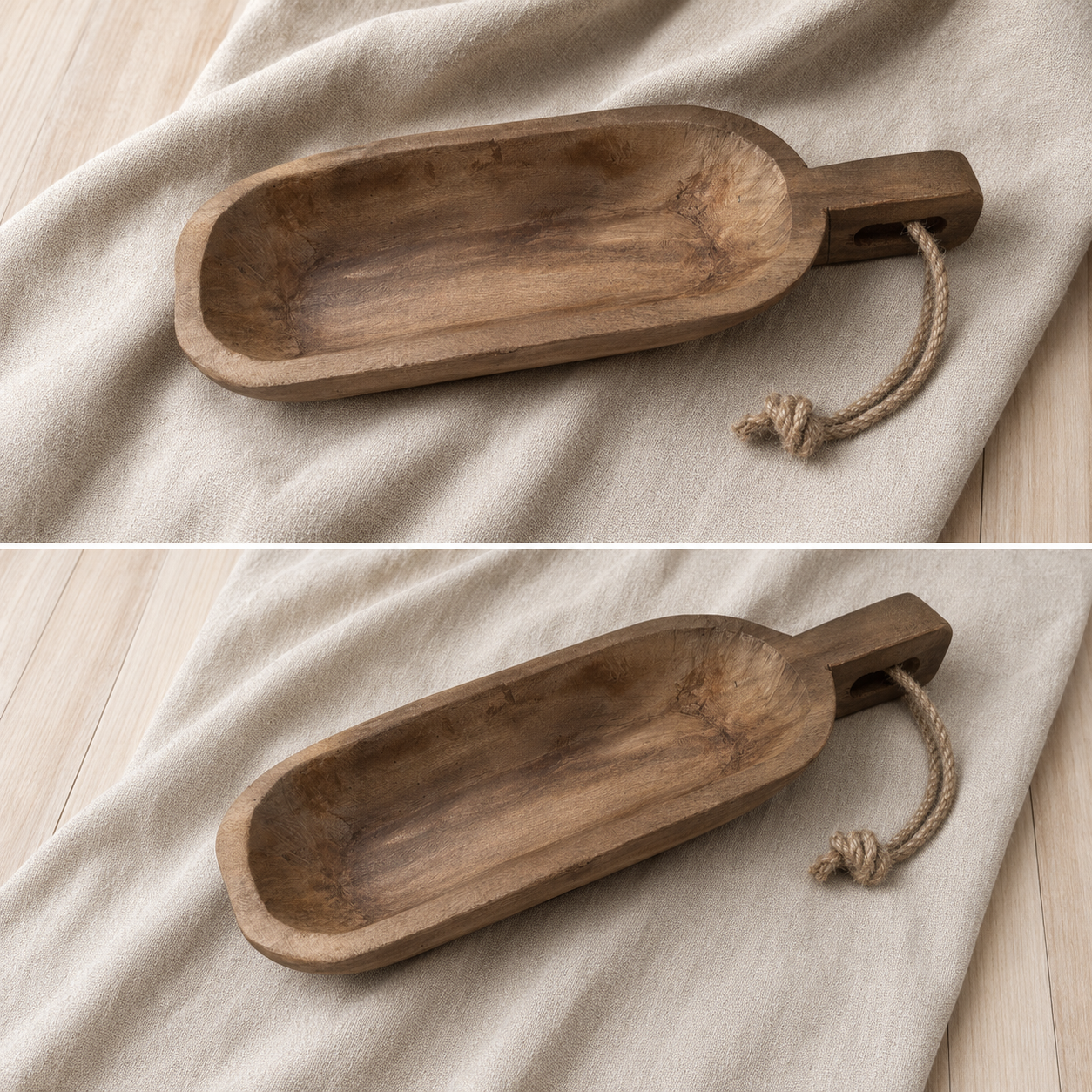 Wooden scoop with handle on a beige fabric background