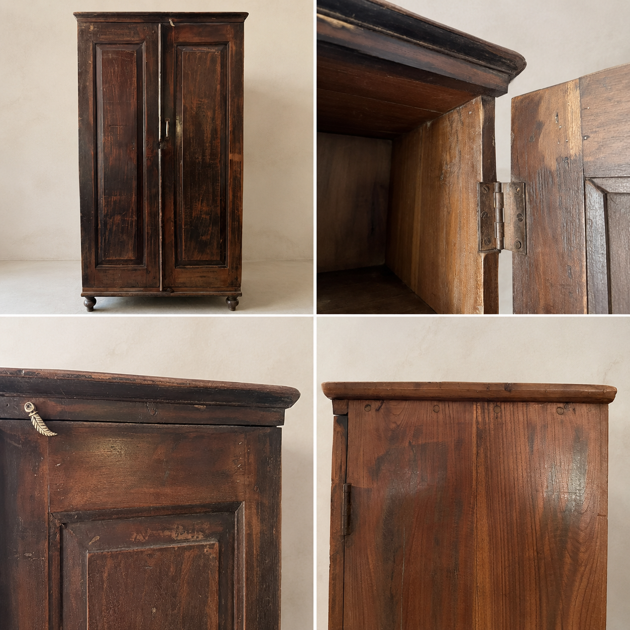 Collage of a wooden cabinet with different views on a plain background