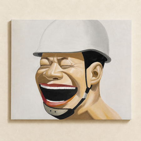 A square canvas wall art print featuring a stylized painted portrait of a man in a white hard hat laughing with his mouth wide open, shown hanging against a light beige wall.