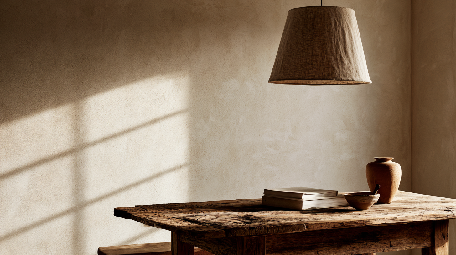 Wooden table with a lamp, books, and a vase against a beige wall.