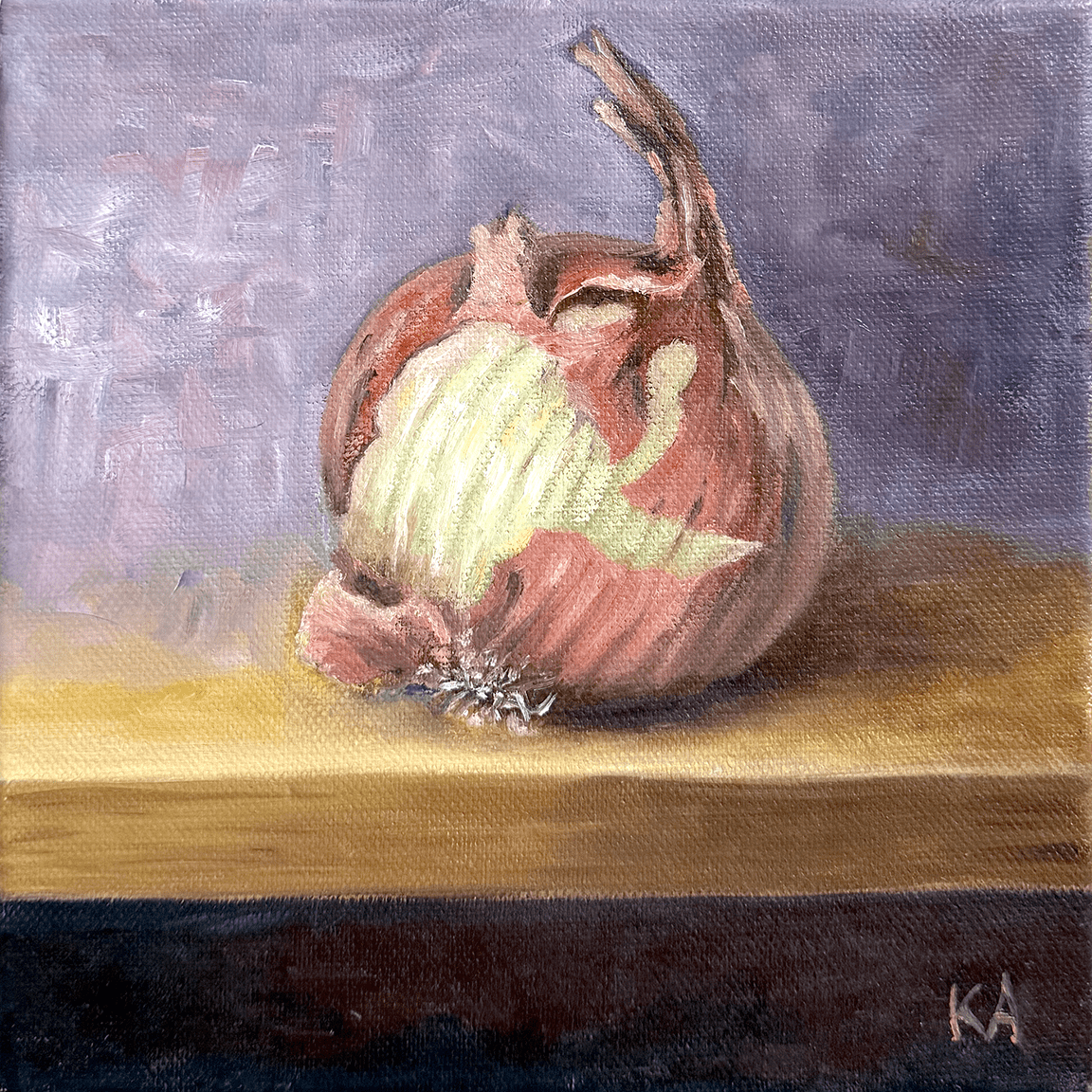 A square canvas painting of an onion on a wooden surface against a textured purple background.